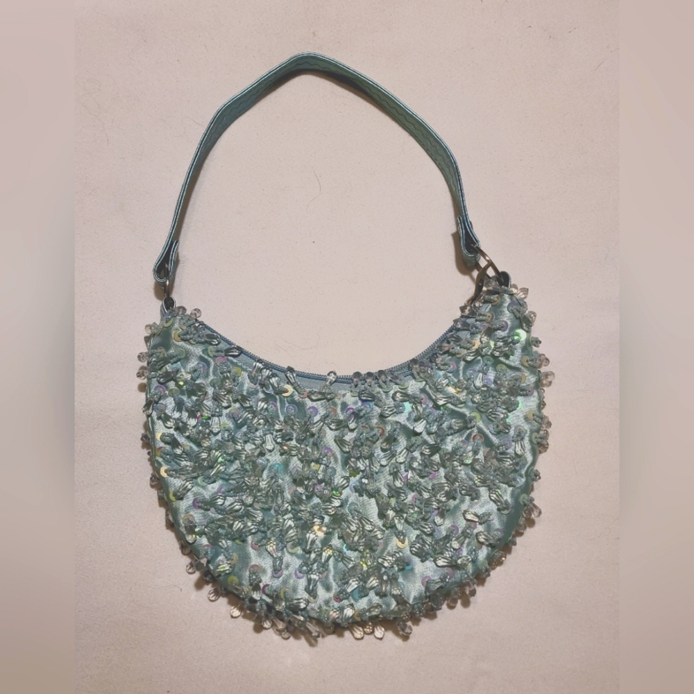 Vintage Womens Blue Iridescent Beaded Sequin Zipper Closure Crescent Evening Bag
